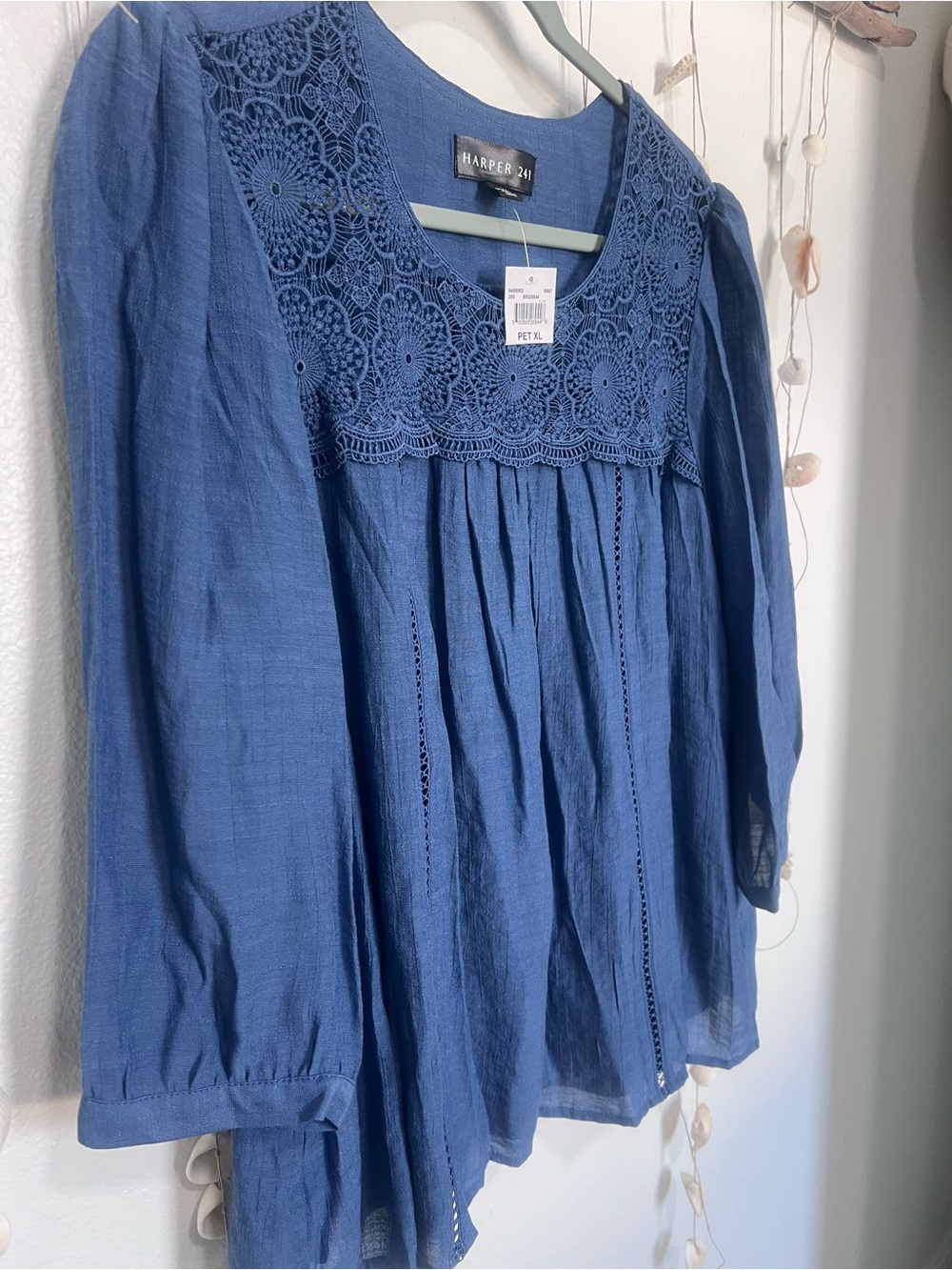 Harper 241 NWT Blue Lace Yoke Long Sleeve Blouse Petite XL - Picture 3 of 8
